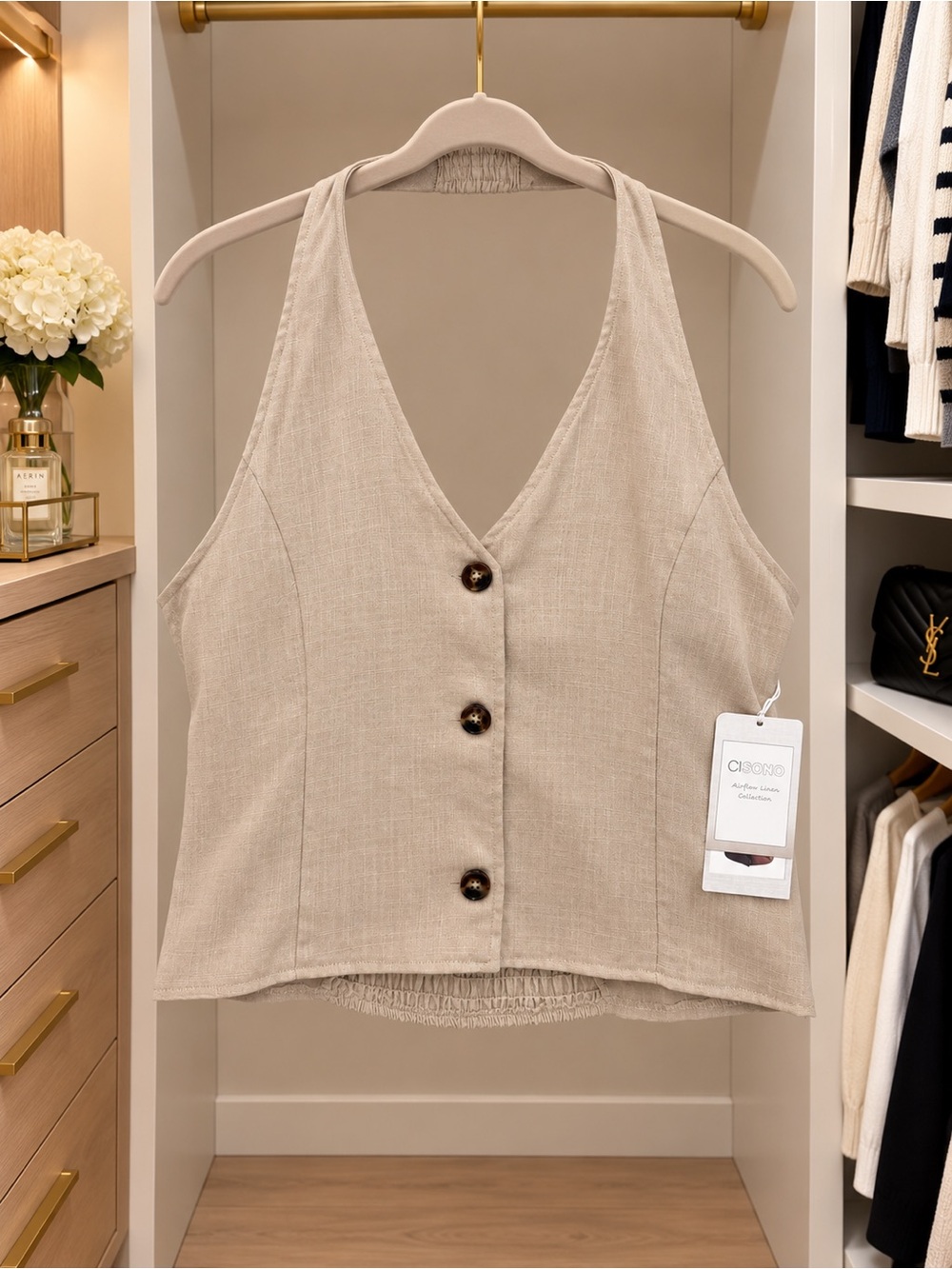 Light Beige Button-Front Linen Blend Tank Top